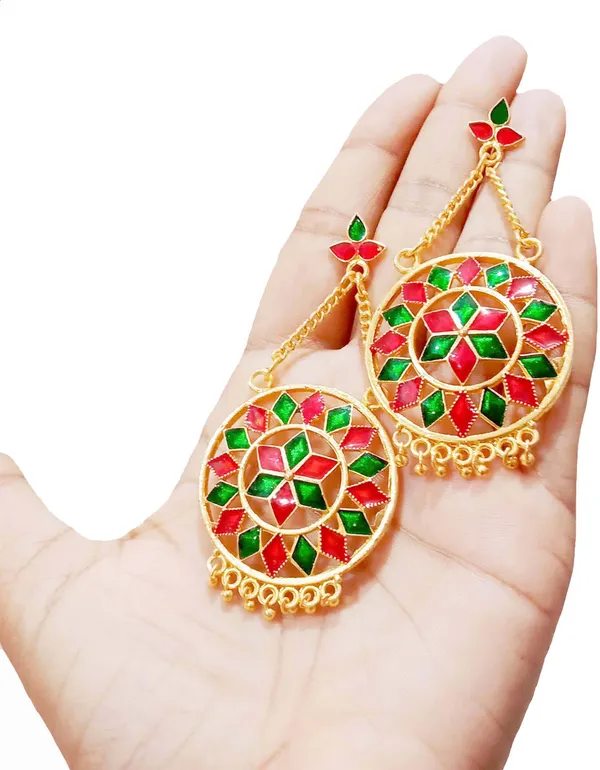 Assamese_Traditional_Copper_Gold_Plated_Red_Green_Colour_Jhumki_Earring_For_Girls_&_Women